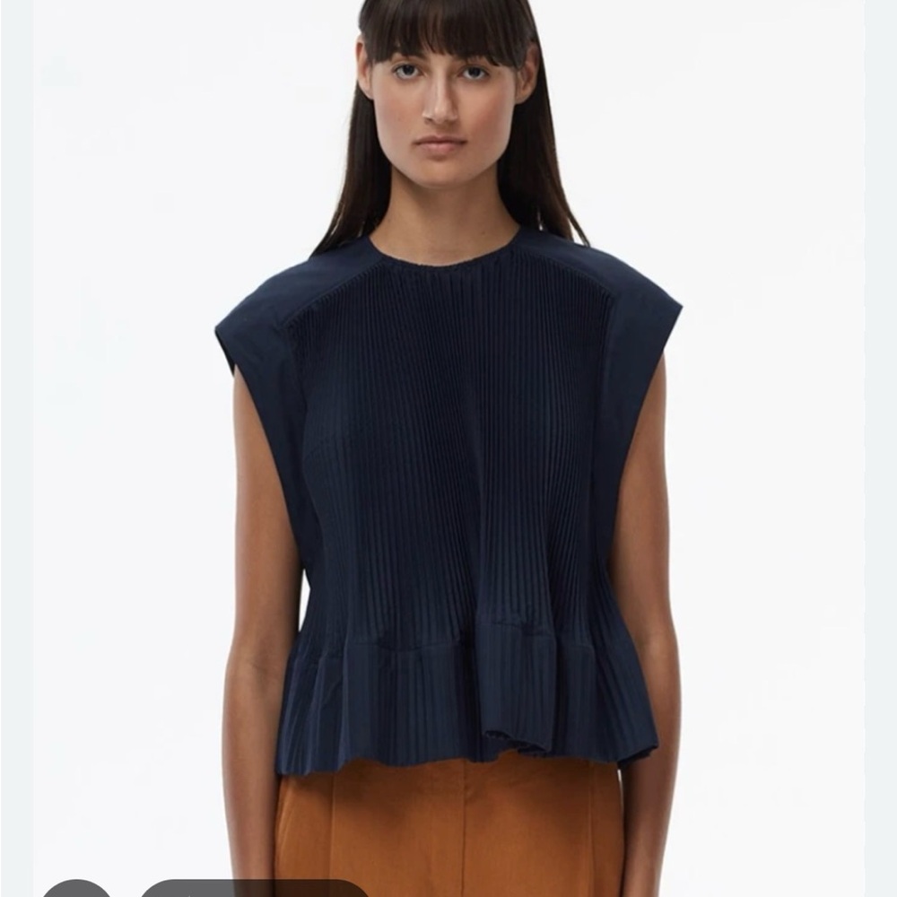 Tibi Pleated Navy yoke top Sleeveless Top
